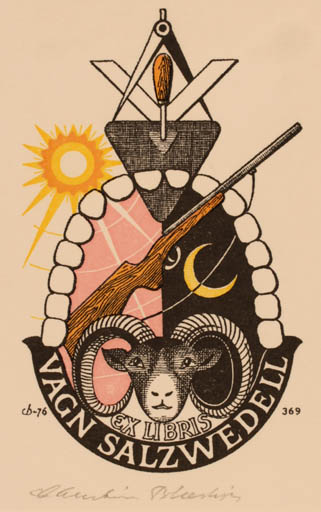 Exlibris by Christian Blæsbjerg from Denmark for Vagn Salzwedell - Sun Weapon 