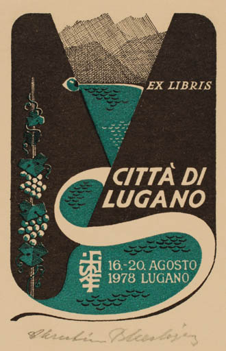 Exlibris by Christian Blæsbjerg from Denmark for Citta di Lugano - Exlibris Congress Scenery/Landscape Wine 