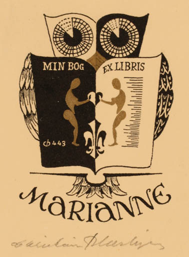 Exlibris by Christian Blæsbjerg from Denmark for ? Marianne - Book Owl 