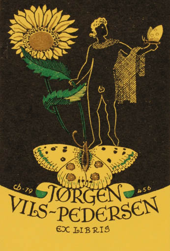 Exlibris by Christian Blæsbjerg from Denmark for Jørgen Vils Pedersen - Flower Nude Butterfly 