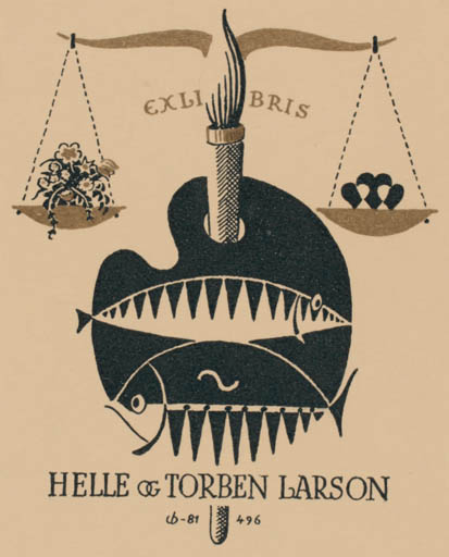 Exlibris by Christian Blæsbjerg from Denmark for Helle og Torben Larson - Fish 