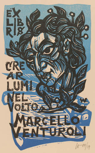 Exlibris by Remo Wolf from Italy for Marcello Venturoli - Portrait 