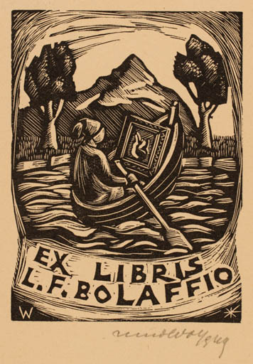 Exlibris by Remo Wolf from Italy for L. F Bolaffio - Scenery/Landscape Ship/Boat 