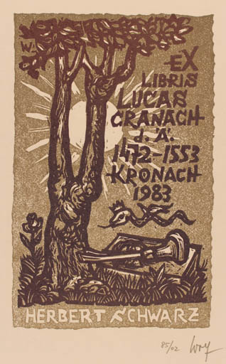 Exlibris by Remo Wolf from Italy for Herbert Schwarz - Fauna Sun Tree 