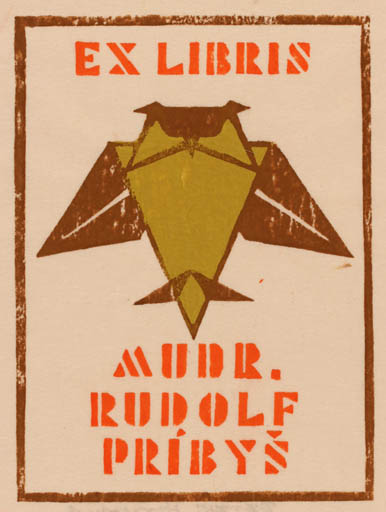 Exlibris by Peter F. Hosokawa from Japan for Dr. Rudolf Pribys - Bird Owl 