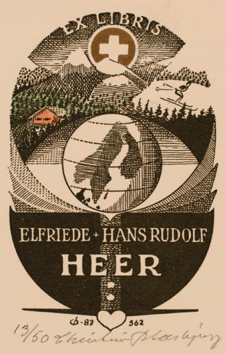 Exlibris by Christian Blæsbjerg from Denmark for Elfriede og Hans Rudolf Heer - Globe Scenery/Landscape 