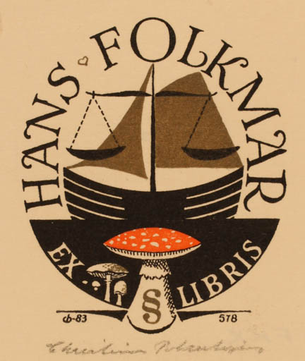 Exlibris by Christian Blæsbjerg from Denmark for Hans Folkmar - Law Ship/Boat 