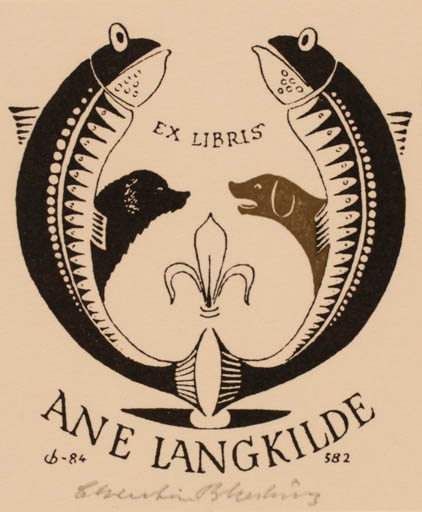 Exlibris by Christian Blæsbjerg from Denmark for Ane Langkilde - Fish Dog 