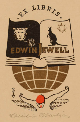 Exlibris by Christian Blæsbjerg from Denmark for Edwin Jewell - Book Globe Sport/game 