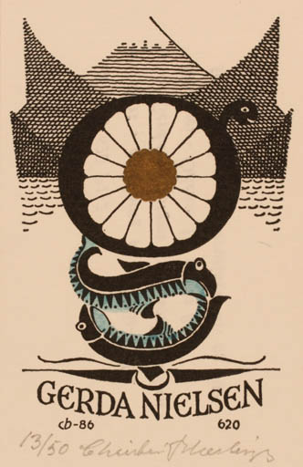Exlibris by Christian Blæsbjerg from Denmark for Gerda Nielsen - Flower Fish 