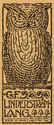 Exlibris by Knud V. Engelhardt from Denmark for C. F Linderstrøm Lang - Owl 