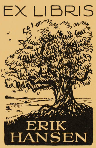 Exlibris by Ruthwen E Eriksen from Denmark for Erik Hansen - Scenery/Landscape Tree 