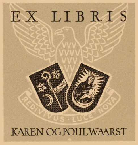 Exlibris by Poul Erlinger from Denmark for Karen og Poul Waarst - Bird Heraldry Madonna Religion 