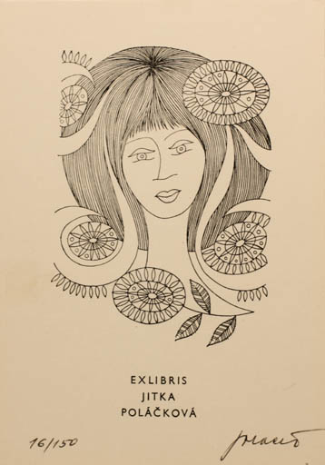 Exlibris by Josef Polacek from Czech Republic for Jitka Polackova - Flower Flora Woman Portrait 