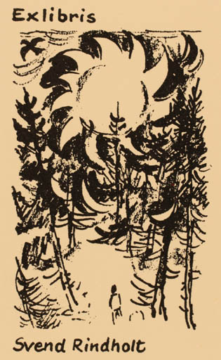 Exlibris by Leo Estvad from Denmark for Svend Rindholt - Scenery/Landscape Forest Sun 