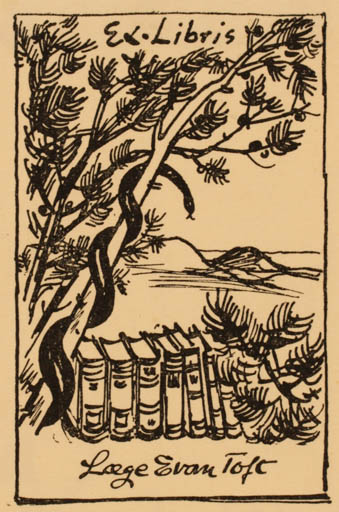 Exlibris by Leo Estvad from Denmark for Evan Toft - Book Scenery/Landscape Medicine Tree 