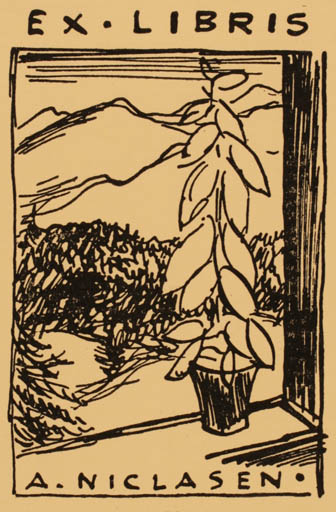 Exlibris by Leo Estvad from Denmark for A Niclasen - Mountain Flower Scenery/Landscape 