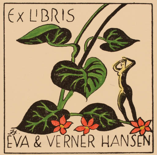 Exlibris by Ivan Feldvoss from Denmark for Eva og Verner Hansen - Flower Flora 