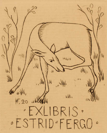 Exlibris by Helge Fergo from Denmark for Estrid Fergo - Fauna 