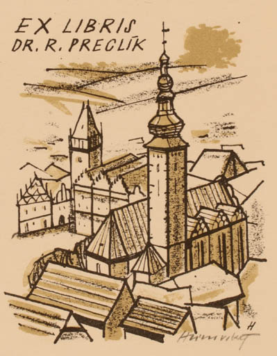 Exlibris by Stanislav  Hlinovsky from Czech Republic for dr. R Preglik - City 