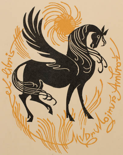 Exlibris by Ladislav Rusek from Czech Republic for Mudr. Mojmir Ambroz - Mythology Pegasus Sun 