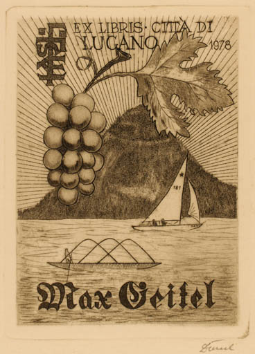 Exlibris by Victor Dàniel from Hungary for Max Geitel - Mountain Exlibris Congress Ship/Boat Wine 