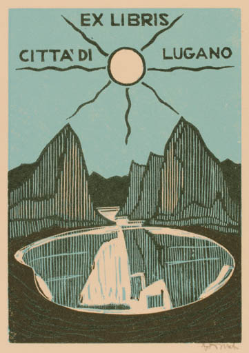 Exlibris by P. Diego Donati from Italy for Citta di Lugano - Mountain Exlibris Congress Scenery/Landscape Sun 