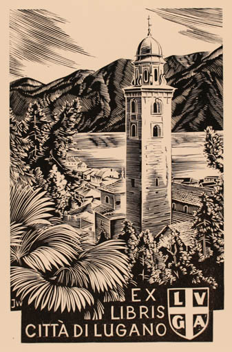 Exlibris by Josef Weiser from Czechoslovakia for Citta di Lugano - Architecture Mountain Exlibris Congress Scenery/Landscape 