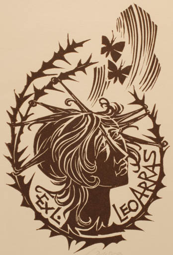 Exlibris by Ladislav Rusek from Czech Republic for Leo Arras - Woman Portrait Butterfly 