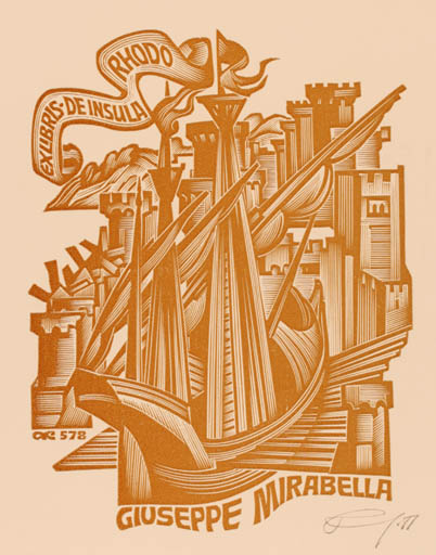 Exlibris by Anatolij Kalaschnikow from Russia for Giuseppe Mirabella - Ship/Boat 