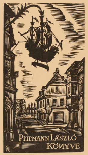 Exlibris by Karoly Sterbenz from Hungary for Laszlo Pittmann - City Ship/Boat 