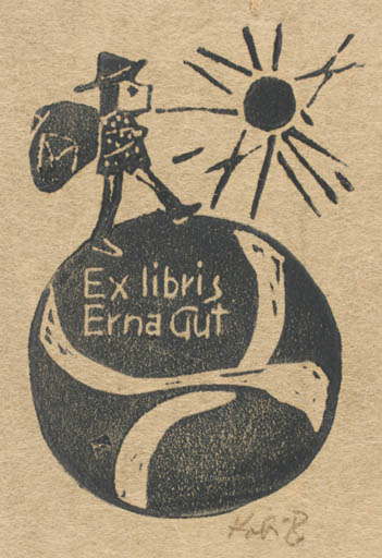 Exlibris by Kobi Baumgartner from Schwitzerland for Erna Gut - Man Sun 