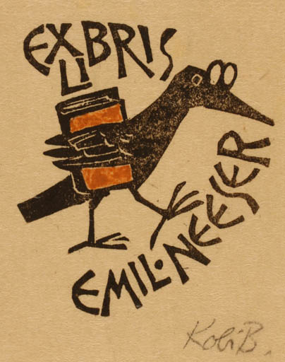 Exlibris by Kobi Baumgartner from Schwitzerland for Emil Neeser - Book Bird 