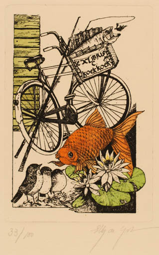 Exlibris by Elly de Koster from Netherland for C. Koekkoek - Fish Bird Sport/game 