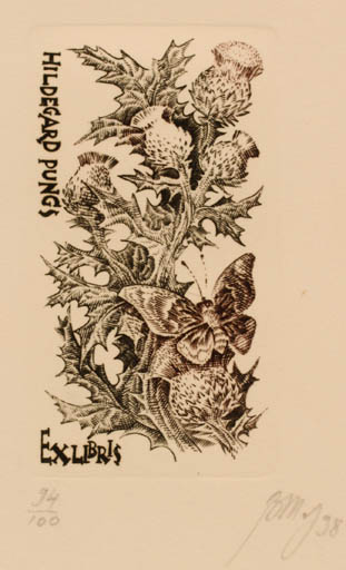 Exlibris by Elly de Koster from Netherland for Hildegard Pungs - Flora Butterfly 