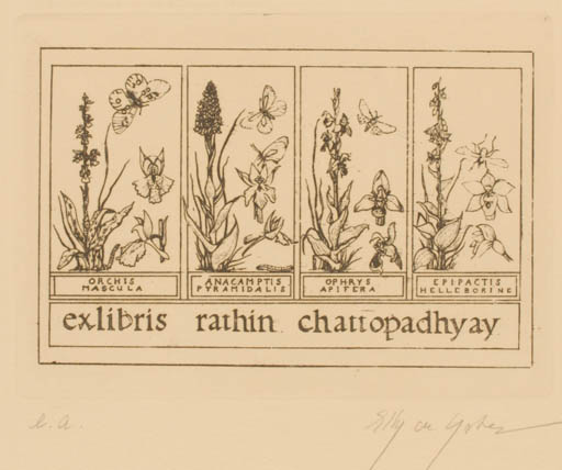 Exlibris by Elly de Koster from Netherland for Rathin Chattopadhyay - Flora Butterfly 