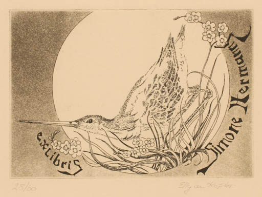 Exlibris by Elly de Koster from Netherland for Simone Hermanns - Bird 