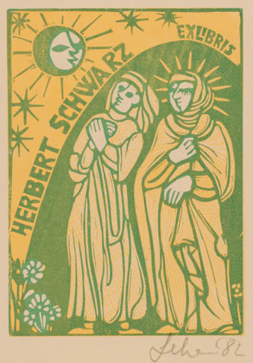 Exlibris by Maria Elisa Leboroni from Italy for Herbert Schwarz - Couple Religion 