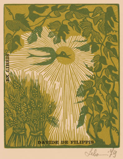 Exlibris by Maria Elisa Leboroni from Italy for Davide de Filippis - Flora Bird Sun 