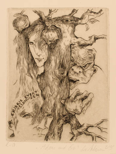 Exlibris by Eva Aulmann from Germany for Evert Veldhuizen - Adam and Eve Portrait Tree 