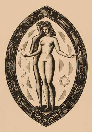 Exlibris by Italio Zetti from Italy for H.M. Dewez - Cosmos Nude Couple 