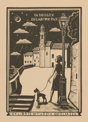 Exlibris by Italio Zetti from Italy for Marzia Ghigliazza - City Dog Woman 
