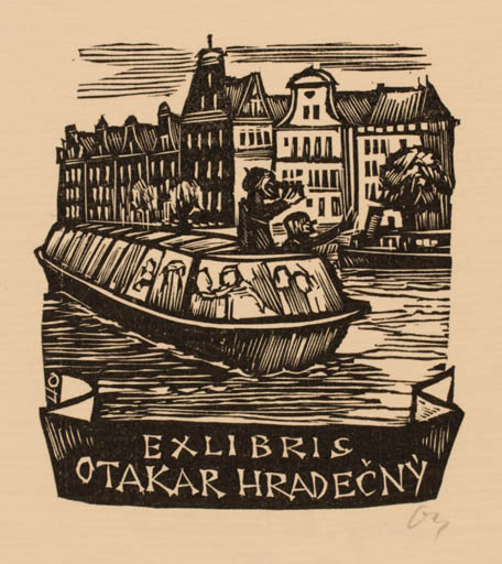 Exlibris by Herbert S. Ott from Germany for takar Hiradecny - City Ship/Boat 