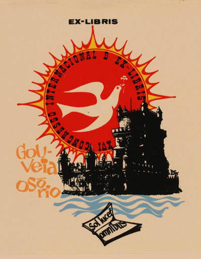 Exlibris by Eduardo Dias Ferreira from Portugal for Gouveia Osorio - Castle/Palace Bird 