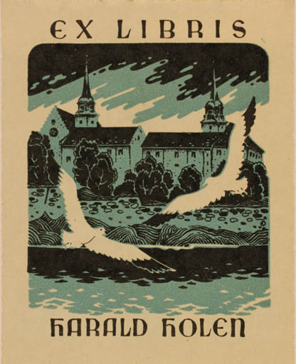 Exlibris by Henry Schjærven from Norway for Harald Holen - Castle/Palace Bird 