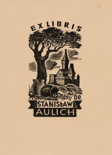 Exlibris by Konstanty Maria Sopocko from Poland for Dr. Stanislaw Aulich - Castle/Palace Tree 