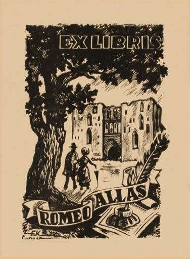 Exlibris by Enn Kera from Estonia for Romeo Allas - Couple Ruin Tree 