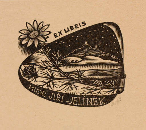 Exlibris by Dr. Otakar Marik from Czechoslovakia for Mudr. Jiri Jelinek - Flower Scenery/Landscape 