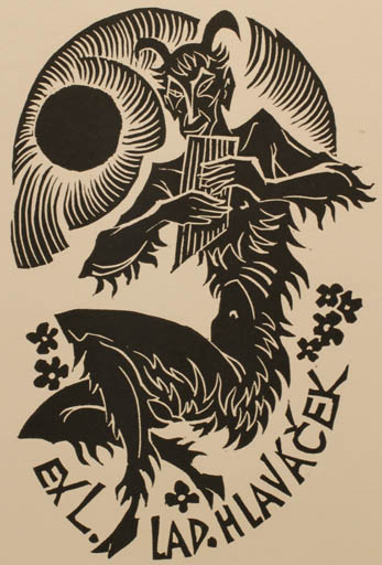 Exlibris by Ladislav Rusek from Czech Republic for Ladislav Hlavácek - Fable Animal Music Mythology Pan/Faun 