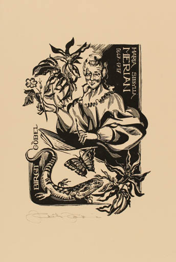 Exlibris by Hermina Horvath from Unknown for Birgit Göbel-Stiegler - Flower Fauna Woman Butterfly 